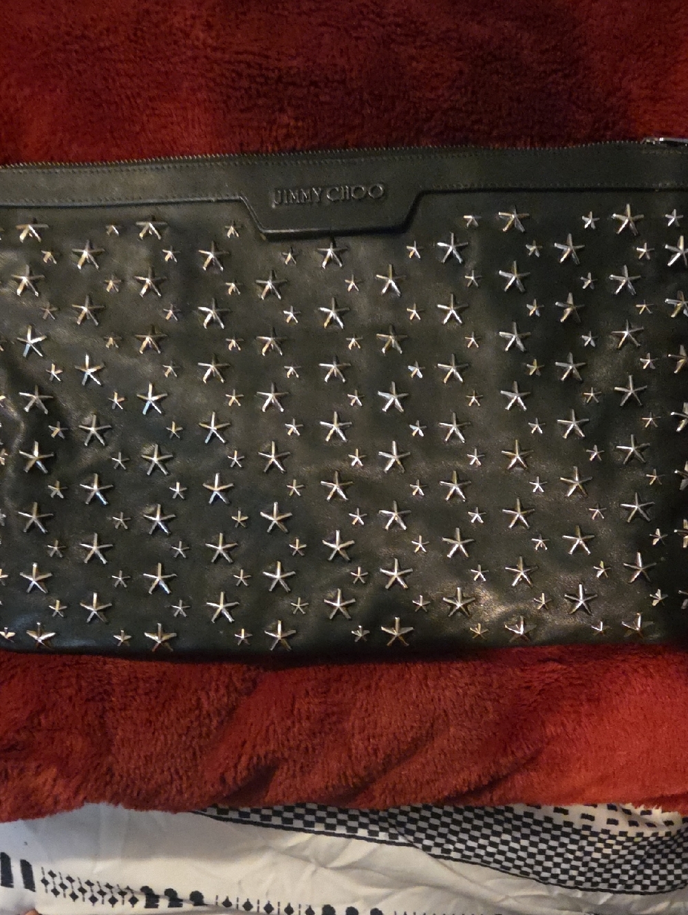 Jimmy Choo Black Leather Star-Stud Clutch with Silver Accents
